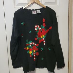 Nut Cracker Large Festive Black Sweater Scalloped Neck Holiday Embroidery Ugly